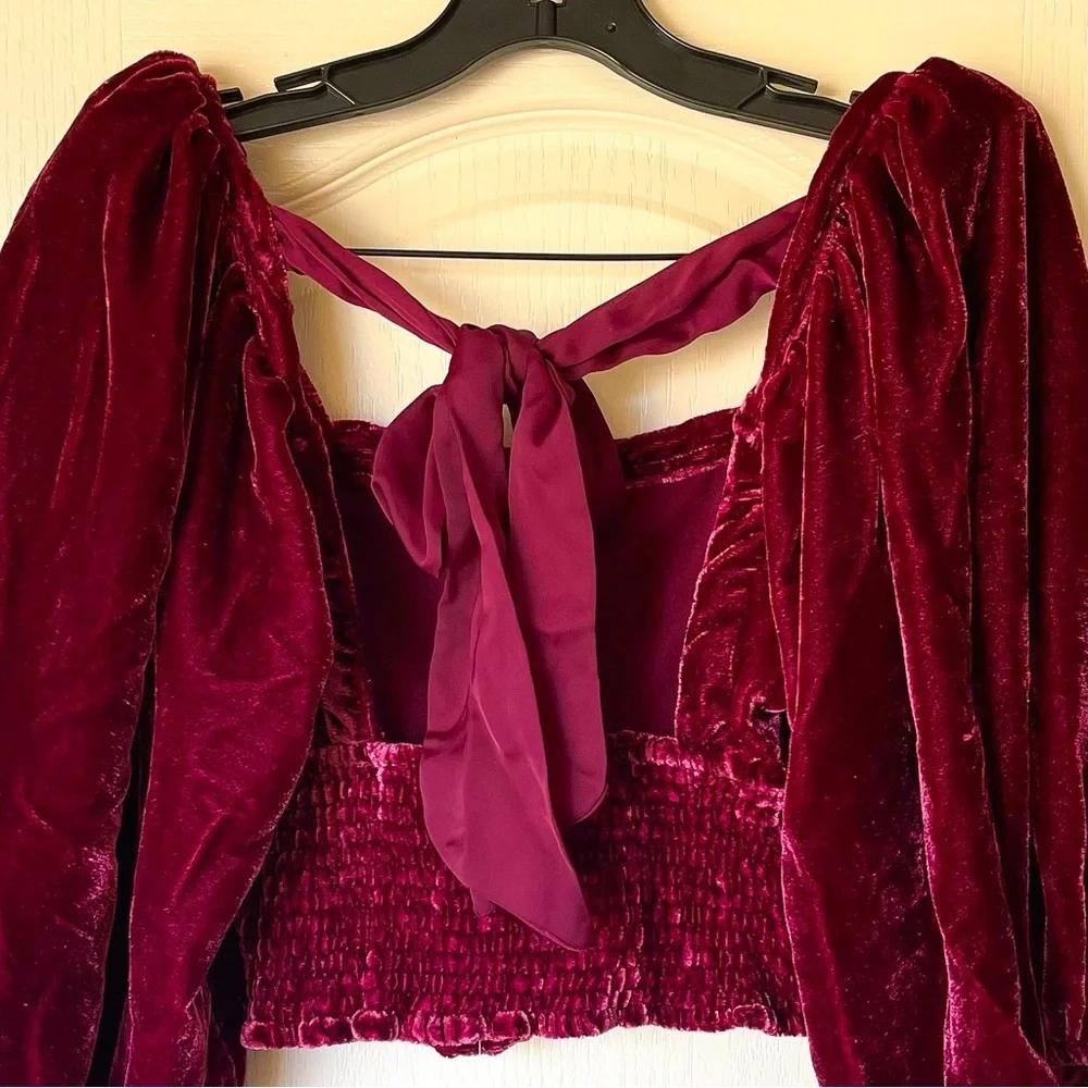 Free People Marie Velvet Open Back Crop Top Balloon Sleeves Red Small NWT